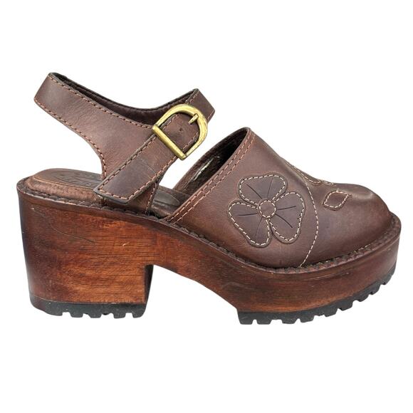 Vintage 90’s Y2K Steve Madden Olive Brown Flower Wooden Mary Jane Clogs Size 8 - Picture 1 of 12